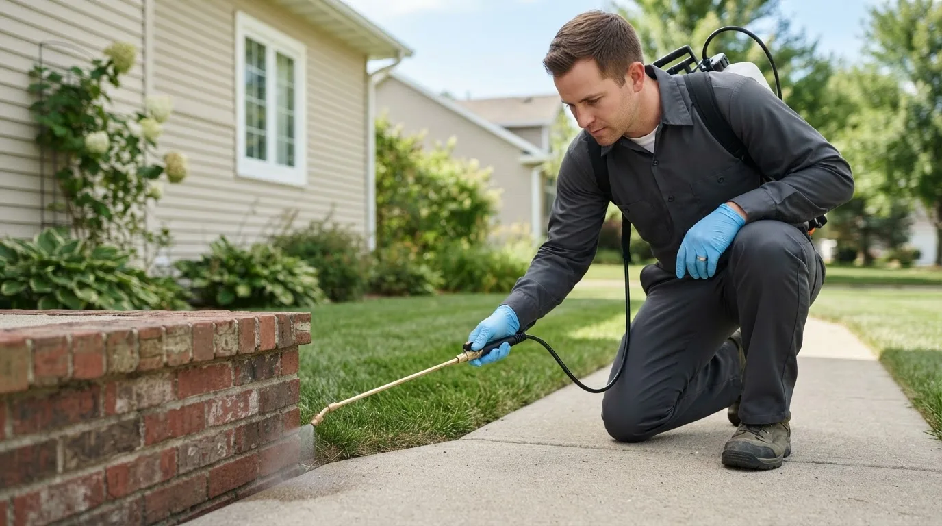 Pest control technician treating a home near Flomaton, AL